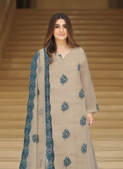 BEIGE & TEAL BLUE Chiffon Embroidered 3Pc Suit (Unstitched)