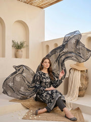 BLACK & SOFT BLUE GRAY Digital Printed Premium Lawn with Light weight Voile Dupatta 3pc Suit (Unstitched)