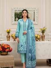 BRIGHT AQUA & CLASSIC BLUE Premium Slub Lawn 3pc Suit with Light Weight Voile Dupatta (Unstitched)