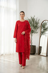 CHERRY RED Chiffon Embroidered 3Pc Suit (Unstitched)