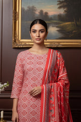 STRAWBERRY RED Khaddar Printed Suit with Khaddar Printed Dupatta 3pc Unstitched