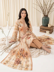 BEIGE WITH MULTI Digital Printed Premium Lawn with Light weight Voile Dupatta 3pc Suit (Unstitched)