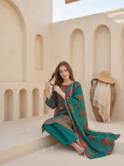 PINE GREEN WITH MULTI Digital Printed Premium Lawn with Light weight Voile Dupatta 3pc Suit (Unstitched)