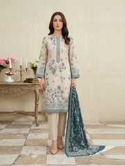 CLASSIC BLUE & LIGHT CREAM Printed Full Suit (3Pc) suit with Luxury Voile Dupatta(Unstitched)