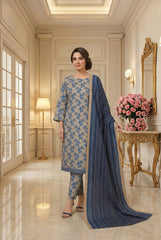 BLUE WITH HAZELNUT BASE Digital Printed Premium Lawn 3pc Suit (Unstitched)