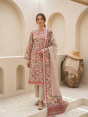 SOFT ALMOND BEIGE WITH MULTI PRINT Digital Printed Premium Lawn with Light weight Voile Dupatta 3pc Suit (Unstitched)