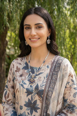 BASE BEIGE WITH MULTI PRINT CAMBRIC LAWN SUIT WITH VOILE DUPATTA 3Pc (Unstitched)
