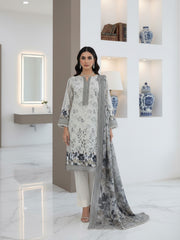 IVORY, BLACK & PEANUT BROWN Floral Digital Printed 3Pc suit with Luxury Voile Dupatta(Unstitched)
