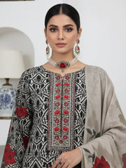 BASE LIGHT IVORY WITH BLACK GREEN & MAROON Floral Digital Printed 3Pc suit with Luxury Voile Dupatta(Unstitched)