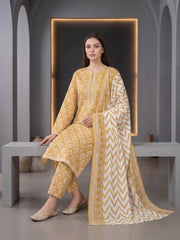 PRIM MUSTARD YELLOW WITH WHITE  PRINTED LAWN SUIT WITH VOILE DUPATTA 3Pc (Unstitched)