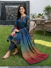 BASE BLUE WITH MULTI FLORAL DIGITAL PRINTED PREMIUM LAWN WITH FANCY DIAMOND DUPATTA 3Pc Suit (Unstitched)