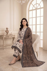IVORY,BLACK & KHAKI PRINTED LAWN SUIT WITH VOILE DUPATTA 3Pc (Unstitched)