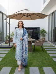 BASE MINT GREEN WITH BLUE  PRINTED PREMIUM LAWN WITH FANCY DIAMOND DUPATTA 3Pc Suit (Unstitched)