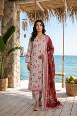 SEASHELL PINK,CLOSSY MARRON WITH MULTI PRINTED LAWN SUIT WITH VOILE DUPATTA 3Pc (Unstitched)
