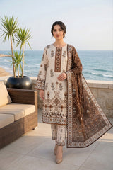 IVORY & BROWN PRINTED LAWN SUIT WITH VOILE DUPATTA 3Pc (Unstitched)