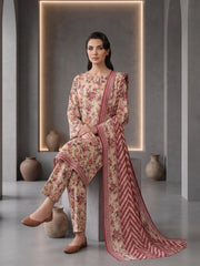 ARLIDE YELLOW WITH MARRON PEACH PRINTED LAWN SUIT WITH VOILE DUPATTA 3Pc (Unstitched)