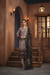 OYESTER  WITH BLACK BROWN Digital Printed 3Pc suit with Luxury Voile Dupatta(Unstitched)