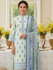 TEA GREEN & BLUE Premium Slub Lawn 3pc Suit with Light Weight Voile Dupatta (Unstitched)