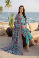 DARK TURQUOISE WITH MULTI PRINTED LAWN SUIT WITH VOILE DUPATTA 3Pc (Unstitched)