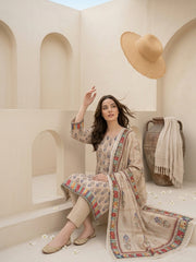 CLASSIC BEIGE WITH MULTI PRINT Digital Printed Premium Lawn with Light weight Voile Dupatta 3pc Suit (Unstitched)