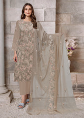 MATTE BEIGE WITH MEHNDI GREEN AND PINK  Chiffon Embroidered 3Pc Suit (Unstitched)
