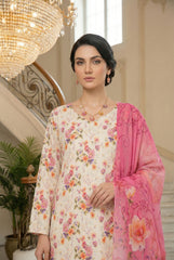 CREAM & HOT PINK WITH MULTI PRINT Printed Full Suit with Luxury ZARI Dupatta 3pc (Unstitched)