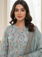 SEAFOOM BLUE WITH MULTI PRINT  Digital Printed Full Suit (3Pc) suit with Luxury Voile Dupatta(Unstitched)