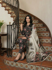 BLACK WITH MULTI PRINT Premium Quality Lawn 3pc Suit with Diamond Doria Dupatta (Unstitched)