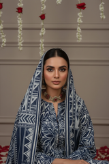 CLASSIC BLUE & CREAM Bana Dora Lawn Full Suit 3 pc with Luxury Voile Dupatta (Unstitched)