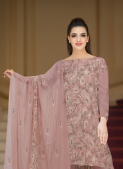 PEACHISH PINK & MEHNDI GREEN Chiffon Embroidered 3Pc Suit (Unstitched)