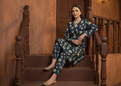 NAVY BLUE, GREEN & PARCHMENT  Premium Doria Lawn 2pc (Unstitched)
