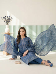 BLUEBERRY BLUE WITH WHITE BLOCK PRINTED Premium Classic Lawn 3pc Suit with Light Weight Voile Dupatta (Unstitched)