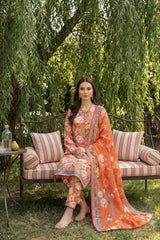 BRIGHT ORANGE WITH MULTI PRINT CAMBRIC LAWN SUIT WITH VOILE DUPATTA 3Pc (Unstitched)
