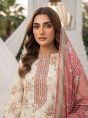 BASE PASTEL CREAM WITH MULTI Digital Printed 3Pc suit with Luxury Voile Dupatta(Unstitched)