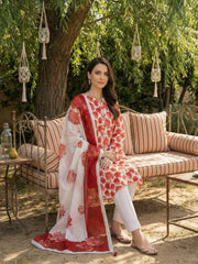 ALMOND WHITE & RED Printed Premium Lawn Suit with Voile Dupatta 3pc (Unstitched)