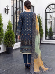 DEEP BLUE WITH MULTI Digital Printed 3Pc suit with Luxury Voile Dupatta(Unstitched)