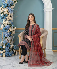 BLACK CRIMSON RED & IVORY Digital Printed 3Pc suit with Luxury Voile Dupatta(Unstitched)