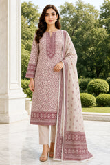 FAWN DARK MAGENTA  Digital Printed 3pc suit with Luxury VoileDupatta(Unstitched)