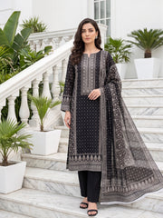 BLACK WHITE WITH GREEN Premium Classic Lawn 3pc Suit with Light Weight Voile Dupatta (Unstitched)