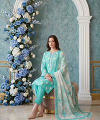 SPRING GREEN & CREAM Digital Printed 3Pc suit with Luxury Voile Dupatta(Unstitched)