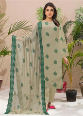 OLIVE GREEN AND EMERALD GREEN Chiffon Embroidered 3Pc Suit (Unstitched)
