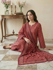 CERISE MAROON & SKIN Printed Full Suit (3Pc) suit with Luxury Voile Dupatta(Unstitched)