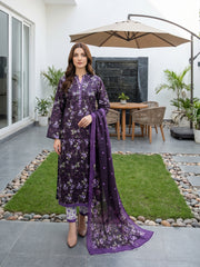 DARK PURPLE WITH MULTI FLORAL DIGITAL PRINTED PREMIUM LAWN WITH FANCY DIAMOND DUPATTA 3Pc Suit (Unstitched)