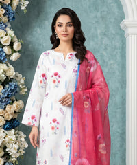 WHITE FLORAL & BARBIE PINK WITH MULTI Digital Printed 3Pc suit with Luxury Voile Dupatta(Unstitched)