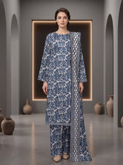 BLUE & IVORY PRINTED LAWN SUIT WITH VOILE DUPATTA 3Pc (Unstitched)