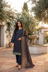 BLACK WIH MULTI PRINT Bana Dora Lawn Shirt with Plain dyed Trouser with Luxury Lawn Voile Dupatta 3Pc.(Unstitched)