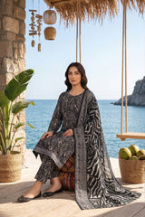 BLACK GRAY & WHITE PRINTED LAWN SUIT WITH VOILE DUPATTA 3Pc (Unstitched)