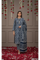 CLASSIC BLUE & CREAM Bana Dora Lawn Full Suit 3 pc with Luxury Voile Dupatta (Unstitched)