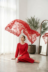CHERRY RED Chiffon Embroidered 3Pc Suit (Unstitched)
