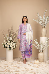 BASE WHITE OR LIGHT PURPLE WITH MULTI PRINT 3pc Premium Doria linen suit with linen dupatta (Unstitched)